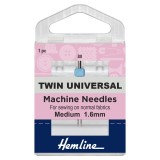 Hemline Twin Universal Sewing Machine Needle - Size 80/12 - 1.6mm gap