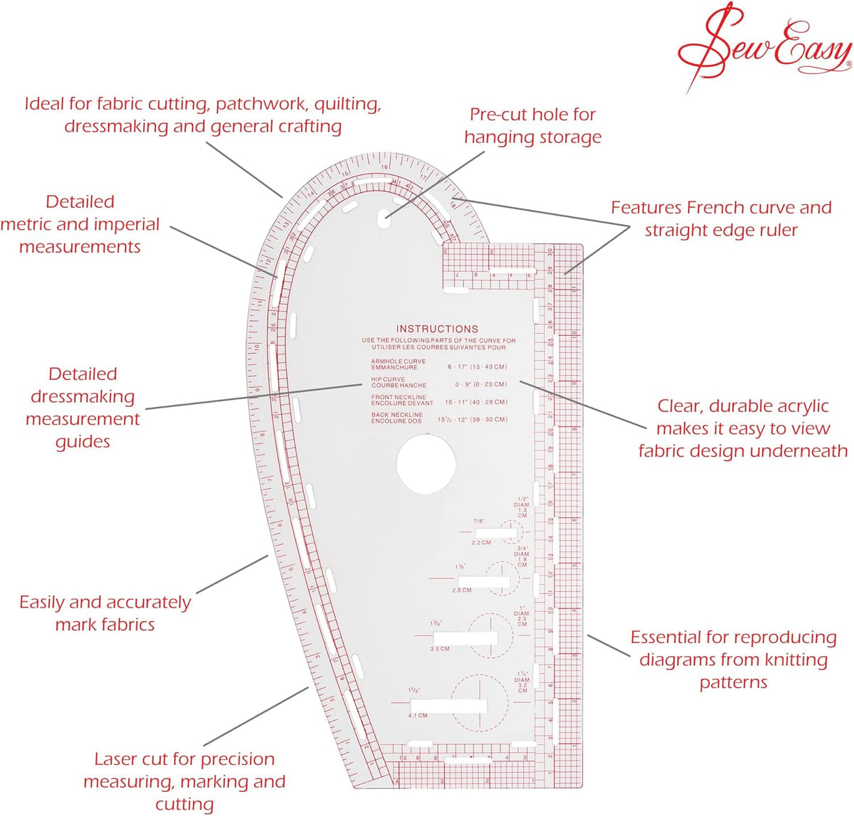 Sew Easy Curve Ruler for Knitters and Sewers. French Curves, Buttonhole Guides