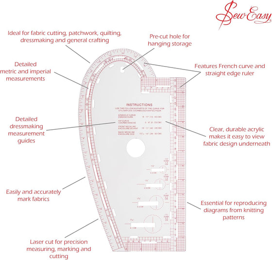 Sew Easy Curve Ruler for Knitters and Sewers. French Curves, Buttonhole Guides
