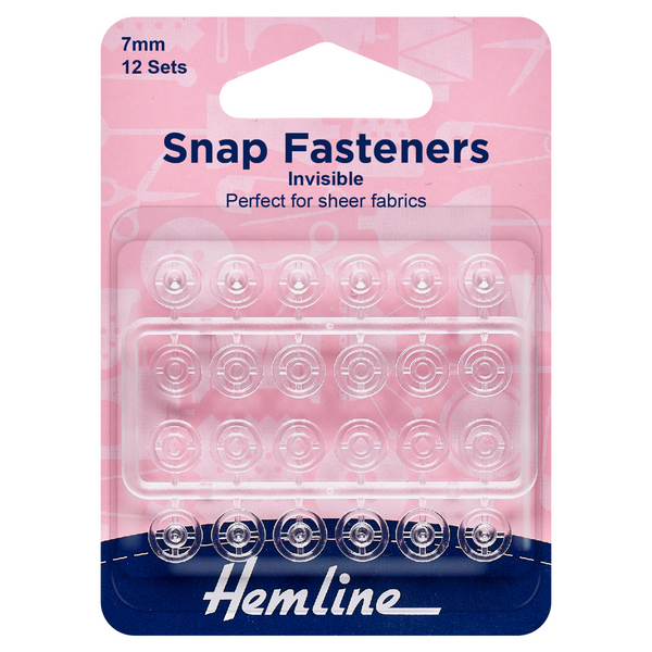 Hemline Snap Fasteners Sew-on Clear (Invisible) 7mm Pack of 12