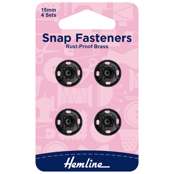 Hemline Snap Fasteners Sew-on Black 15mm Pack of 4