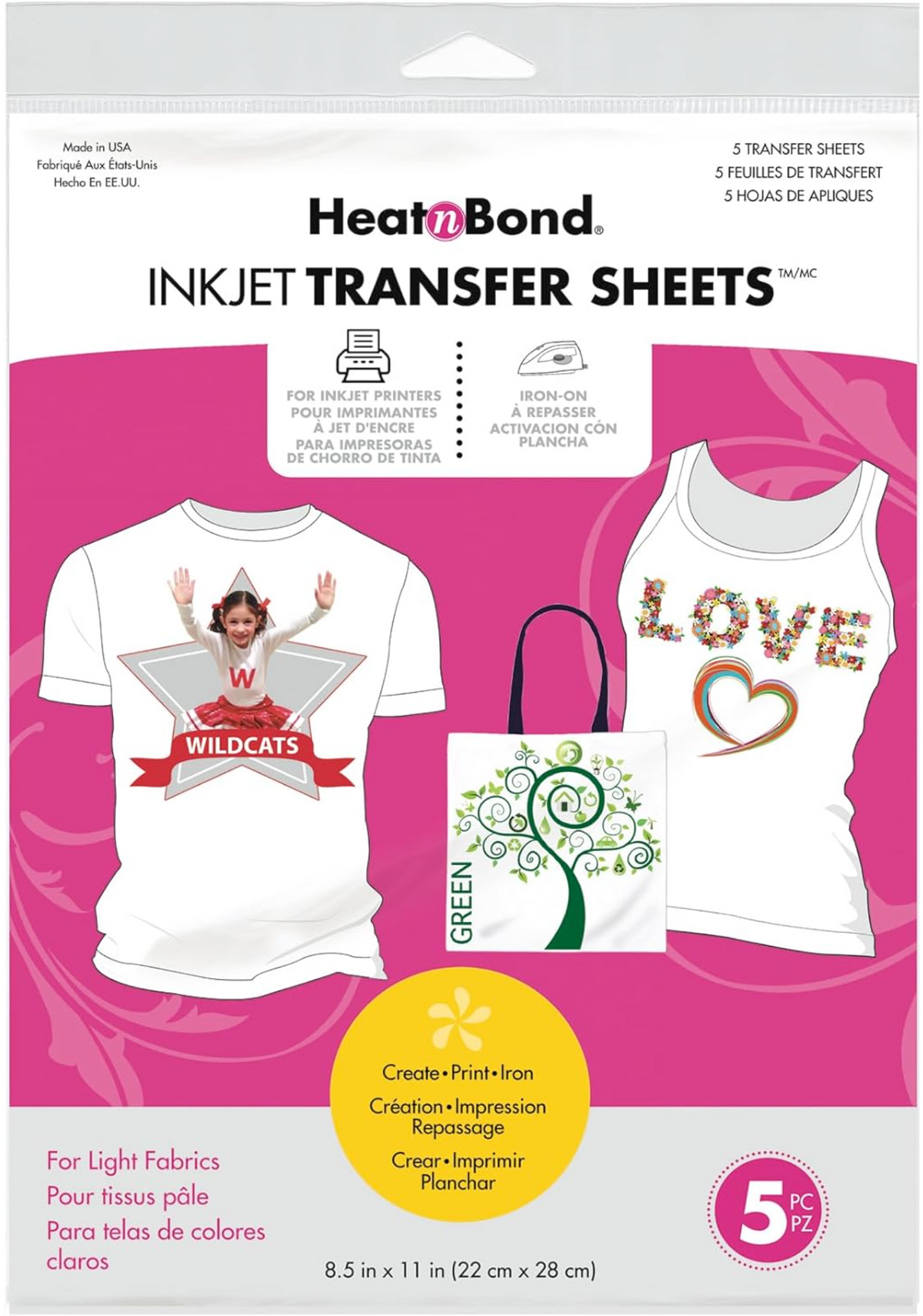 HeatnBond Inkjet Transfer Sheets 5pk, Light Coloured Fabrics 8.5 x 11 inch (22 x 28cm)