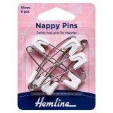 Hemline Nappy Pins 56mm White 6 Pieces