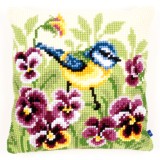 Vervaco Cross Stitch Cushion Kit - Blue Tit on Pansies