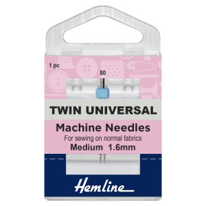 Hemline Twin Universal Sewing Machine Needle - Size 80/12 - 1.6mm gap