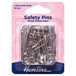 Hemline Safety Pins Assorted Sizes - Nickel - 64pcs