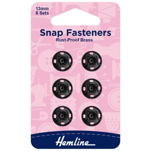 Hemline Snap Fasteners Sew-on Black 13mm Pack of of 6