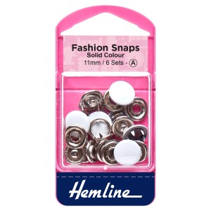 Hemline Fashion Snaps White - Solid Top, 11mm - 6 Sets