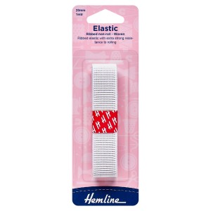 Hemline Non-Roll Ribbed Elastic White - 1m x 20mm