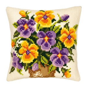 Vervaco Cross Stitch Cushion Kit - Yellow and Purple Pansies