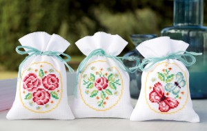 Vervaco Counted Cross Stitch Kit - Pot-Pourri Bag - Roses and Butterflies - Set of 3